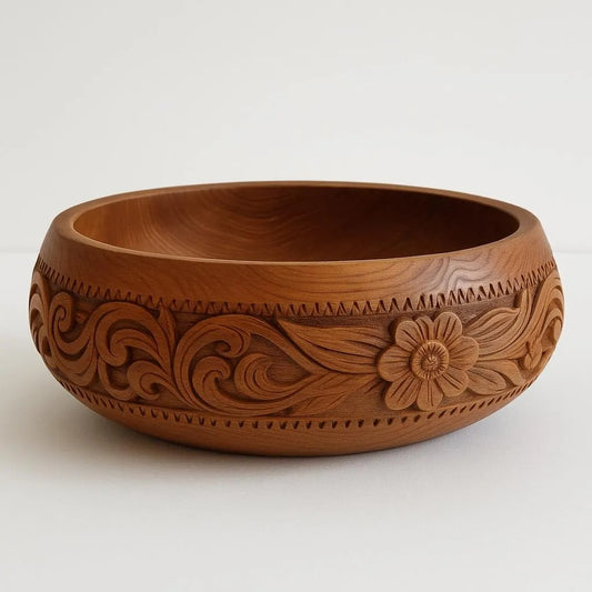 Hand Carved Teak Wood Bowl: Mid-Century Scandinavian Floral Centerpiece with detailed flower and leaf carvings