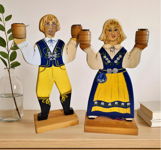 Swedish Hand Painted Folk Art Wooden Candle Holders – Atelje Ladetorp, Signed Design, featuring traditional costumes and floral details