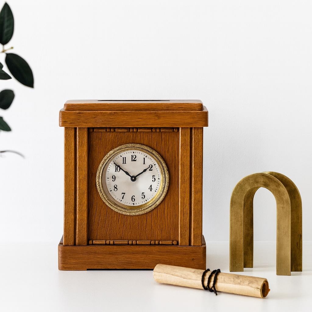 Vintage Oak & Brass Money Box Alarm Clock: 1930s Swedish Bank Collectible (Not W — Swedish wall clock, Scandinavian design