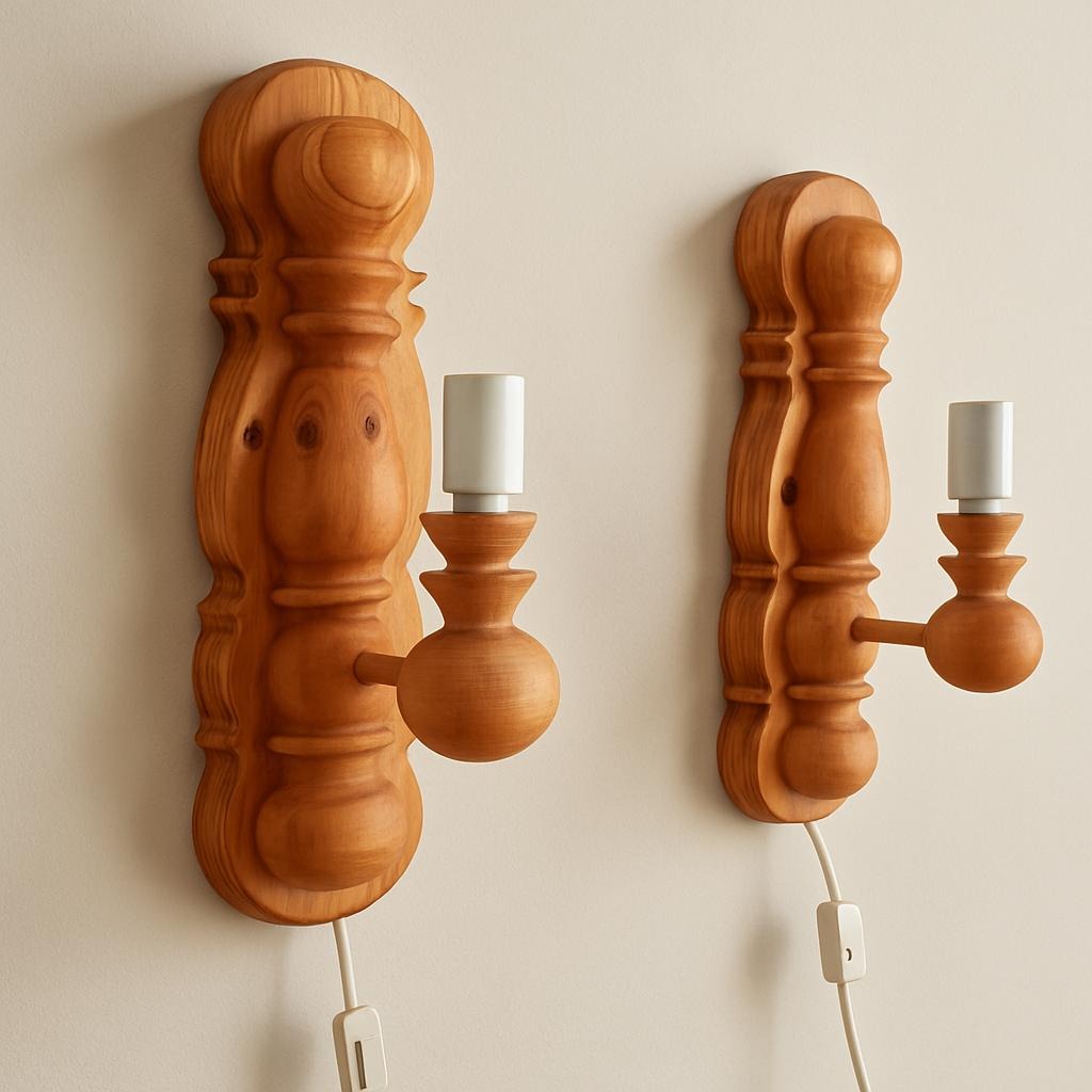 Vintage Pine Wood Wall Sconces – Scandinavian Retro Lamp Pair, 1970s — vintage Scandinavian mid-century lamp, handmade in Sweden (view 2)