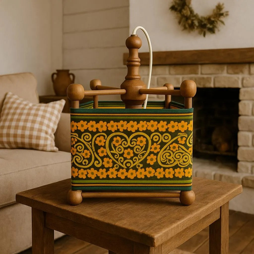 Vintage Floral Heart Wooden Table Lamp – 1970s Boho Folk Art Accent Light — vintage Scandinavian mid-century lamp, handmade in Sweden (view 2)