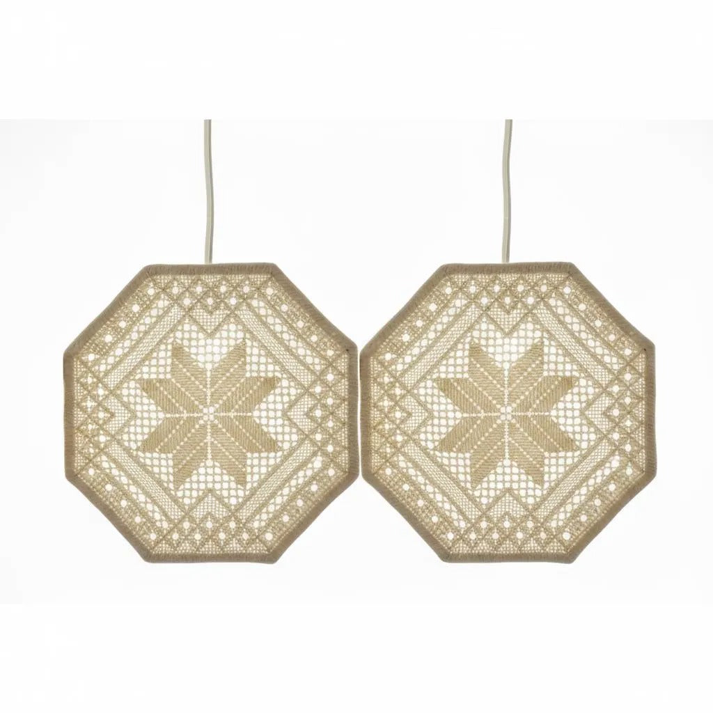 Vintage Swedish Crochet Pendant Lamps – Boho Lace Ceiling Lights, Set of 2, authentic vintage timeless charm, Scandinavian mid-century modern.