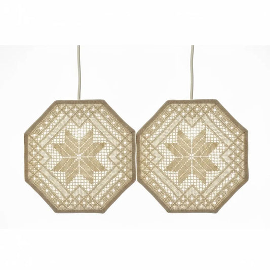 Vintage Swedish Crochet Pendant Lamps – Boho Lace Ceiling Lights, Set of 2, authentic vintage timeless charm, Scandinavian mid-century modern.