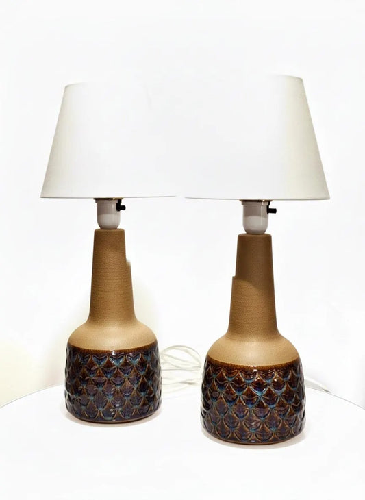 Vintage Søholm Ceramic Table Lamps – Einar Johansen Danish MCM Pottery, Pair with textured stoneware bases and white shades.