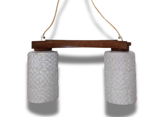 Scandinavian Mid-Century Teak Pendant Lamp – Frosted Glass Shades Chandelier with timeless charm, authentic vintage style