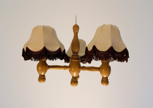 Vintage Scandinavian Pine Chandelier – Retro Wooden Ceiling Light with Fabric Shades, authentic vintage, timeless charm design