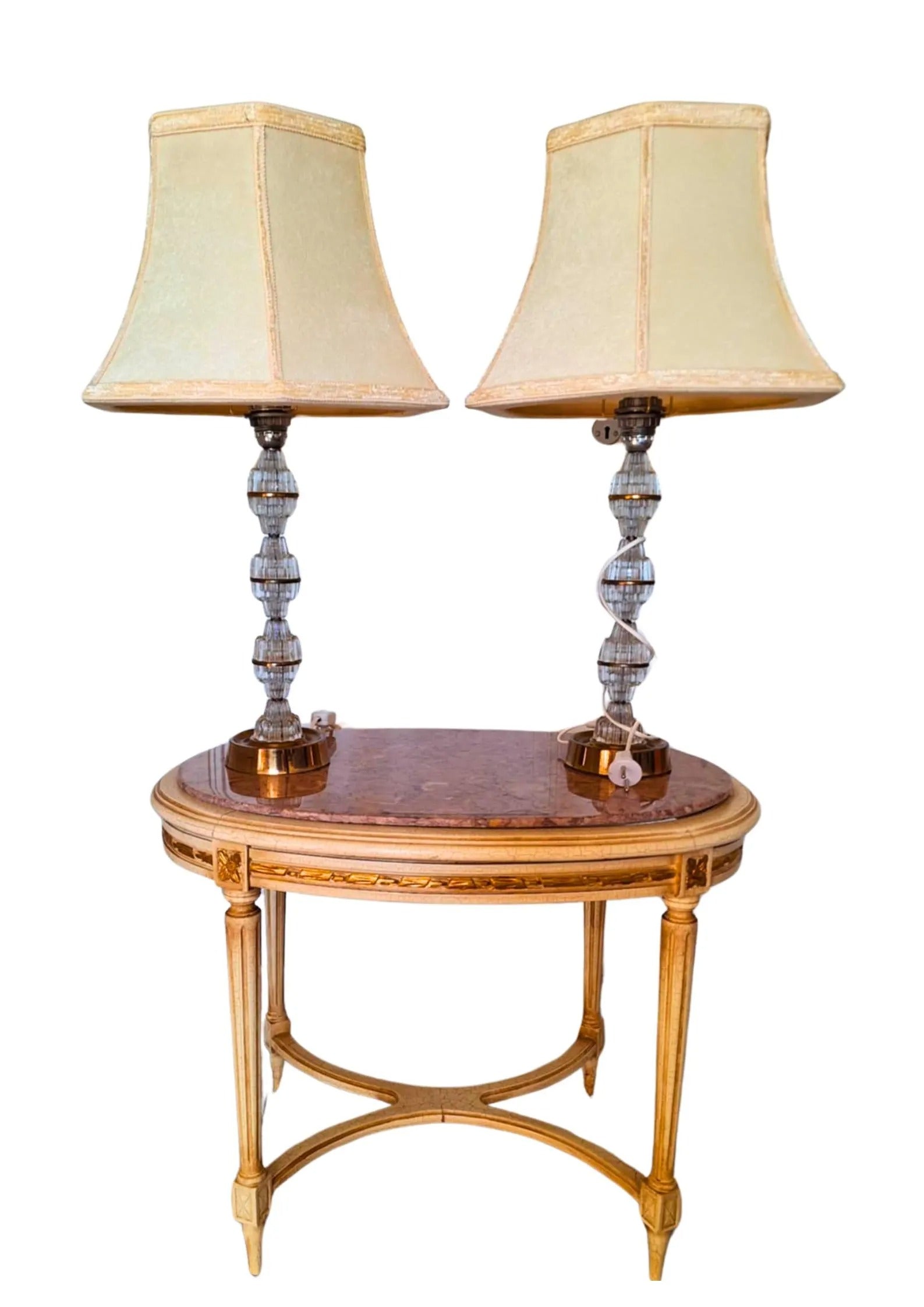 Signed Carl Fagerlund Table Lamp Pair – Orrefors Crystal & Brass, Original Shades, Swedish Mid-Century (1960s), Timeless Charm