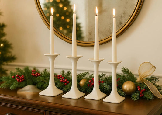 Vintage Porcelain Taper Candle Holder Set - Scandinavian Wabi Sabi Decor with festive greenery, timeless charm, authentic vintage pieces.