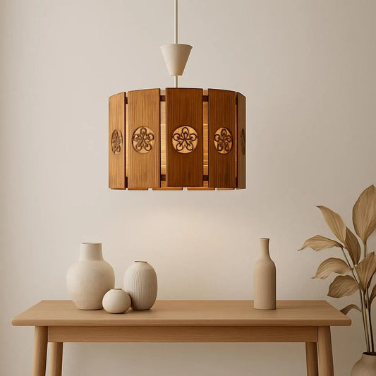 Vintage Scandinavian Wood Pendant Light – Carved Medallions, Japandi Style with mid-century modern charm and timeless design.