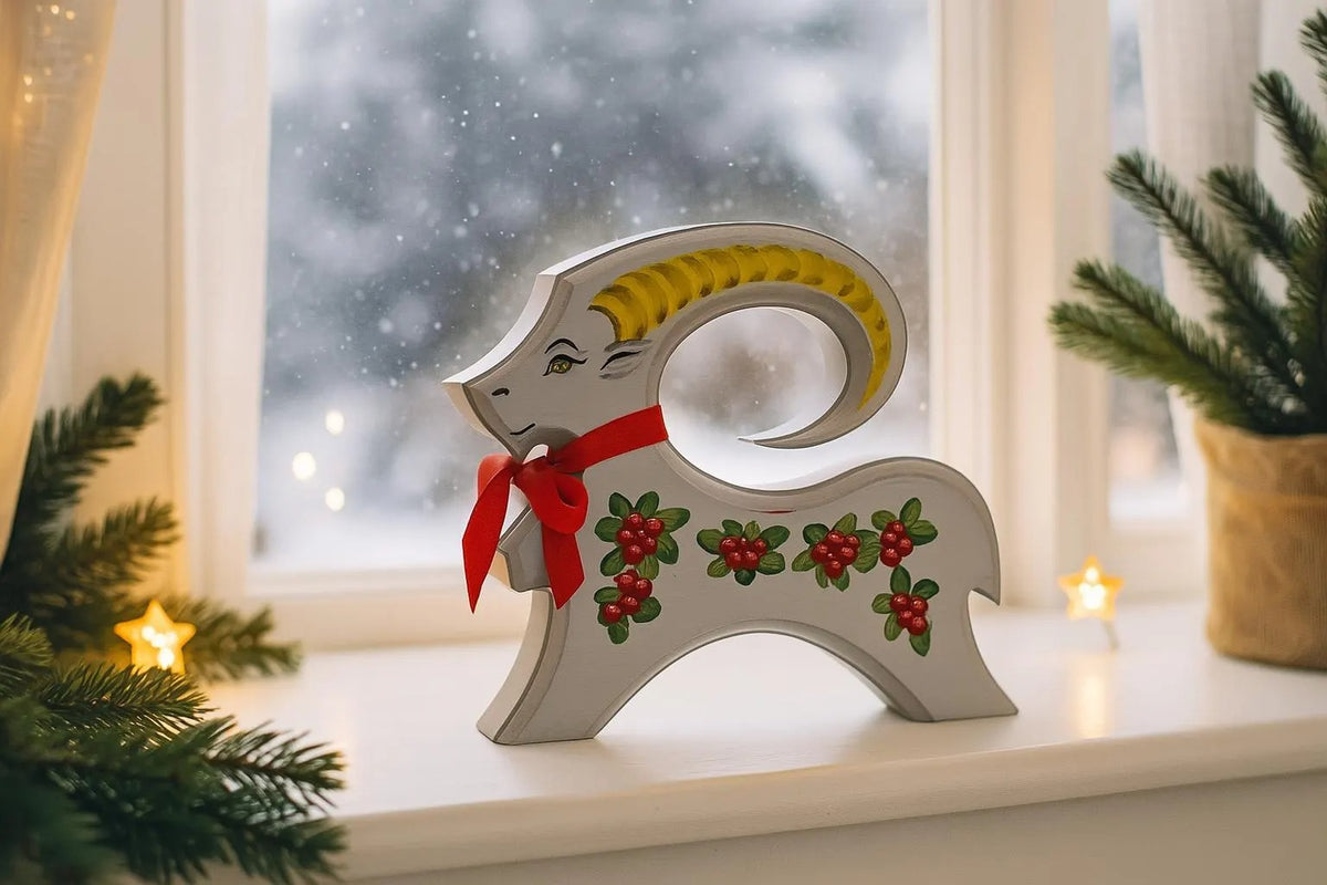 Hand-Painted Wooden Yule Goat: Signed Scandinavian Christmas Decor — vintage Swedish Christmas decor, handmade in Sweden (view 3)
