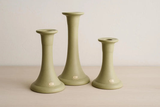 Vintage Guldkroken Hjo Sweden Olive Green Ceramic Candle Holders – Set of 3, authentic vintage, timeless charm, Scandinavian mid-century modern.
