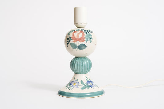 Hand-Painted Swedish Ceramic Table Lamp – Folk Art Charm with floral and leaf motifs in soft pastel colors