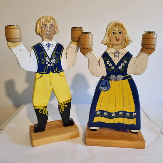 Swedish Hand Painted Folk Art Wooden Candle Holders – Atelje Ladetorp, Signed Design featuring traditional Nordic folk costumes