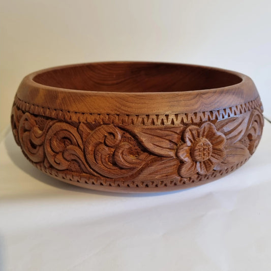 Hand Carved Teak Wood Bowl: Mid-Century Scandinavian Floral Centerpiece with intricate flower and leaf carvings