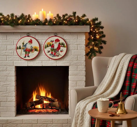Vintage Scandinavian Christmas Embroidery Set – Santa Cross Stitch Wall Art, Nordic Holiday Decor featuring authentic vintage charm by a cozy fireplace.