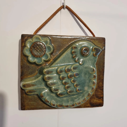 Willi Fischer EGO Stengods Ceramic Wall Relief – Sweden 1960s featuring a bird and flower in green and brown glazes