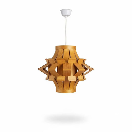 Vintage Scandinavian Wooden Ceiling Pendant Lamp – Hand-Carved Retro Pine Design with intricate geometric pattern and warm wood tones