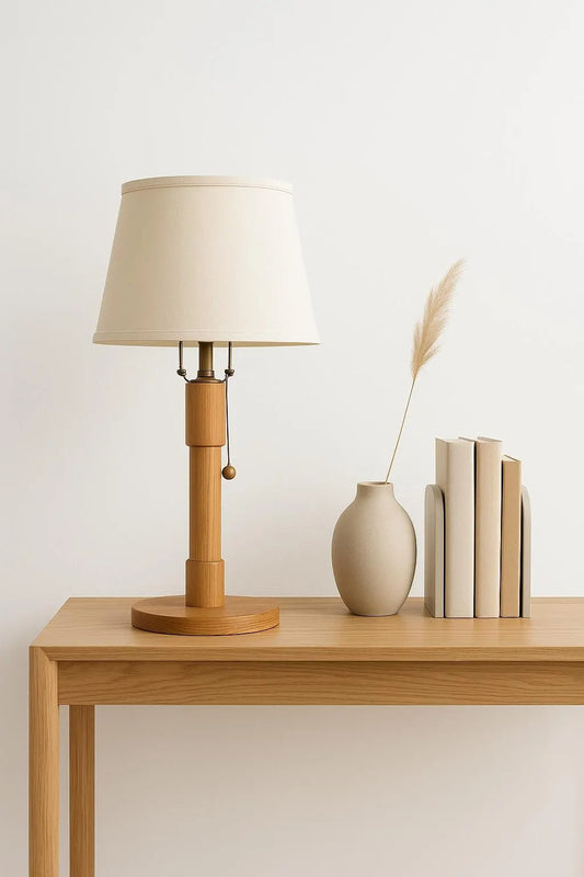 candinavian Mid-Century Modern Ateljé Lyktan Pine Table Lamp – Scandinavian Retro Design on wood table with vase and books, Timeless Charm