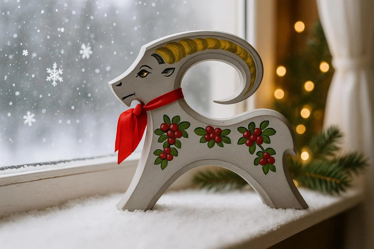Hand-Painted Wooden Yule Goat: Signed Scandinavian Christmas Decor — vintage Swedish Christmas decor, handmade in Sweden (view 2)