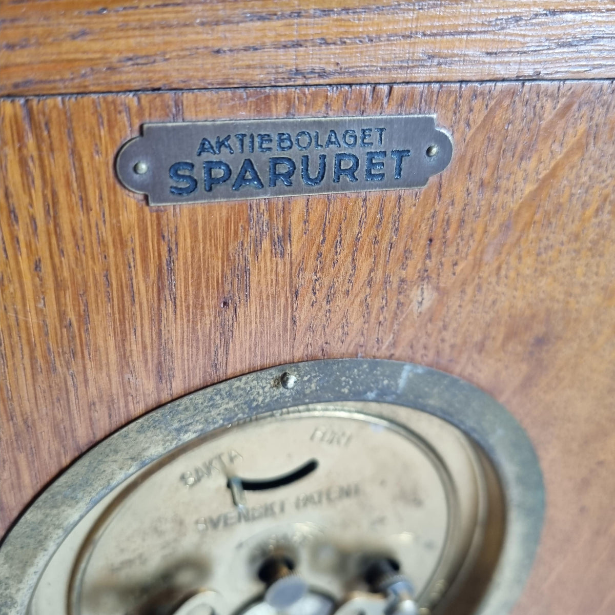 Vintage Oak & Brass Money Box Alarm Clock: 1930s Swedish Bank Collectible (Not W — Swedish wall clock, Scandinavian design (view 6)