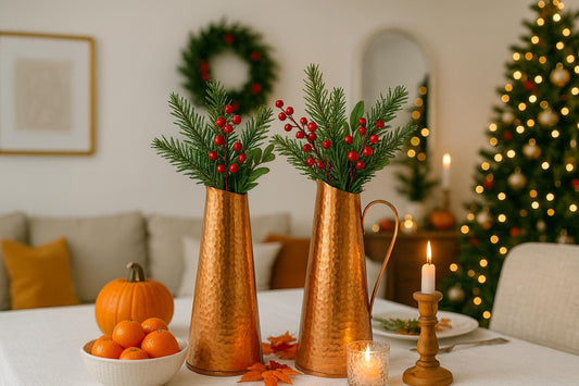 Mid Century Modern Hammered Copper Jug: Swedish Vase, 1960s MCM Decor with festive greenery and red berries on table