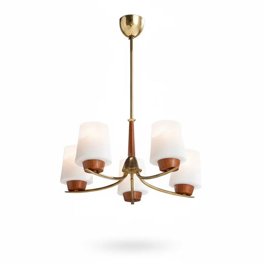 Vintage 1950s Swedish Chandelier – Mid-Century Modern Brass, Teak & Opaline Glass Pendant Light, Authentic vintage timeless charm