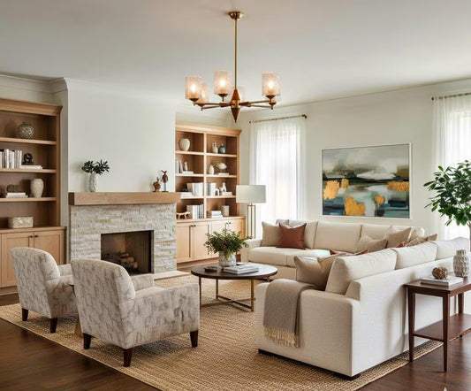 Mid-Century Modern Scandinavian Brass & Teak Chandelier – Textured Glass Shades, 1950s–60s with timeless charm in cozy living room setting