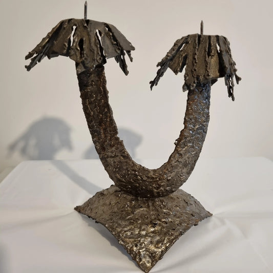 Brutalist Metal Candelabra: Mid Century Modern Iron Candle Holder with textured iron and sculptural design