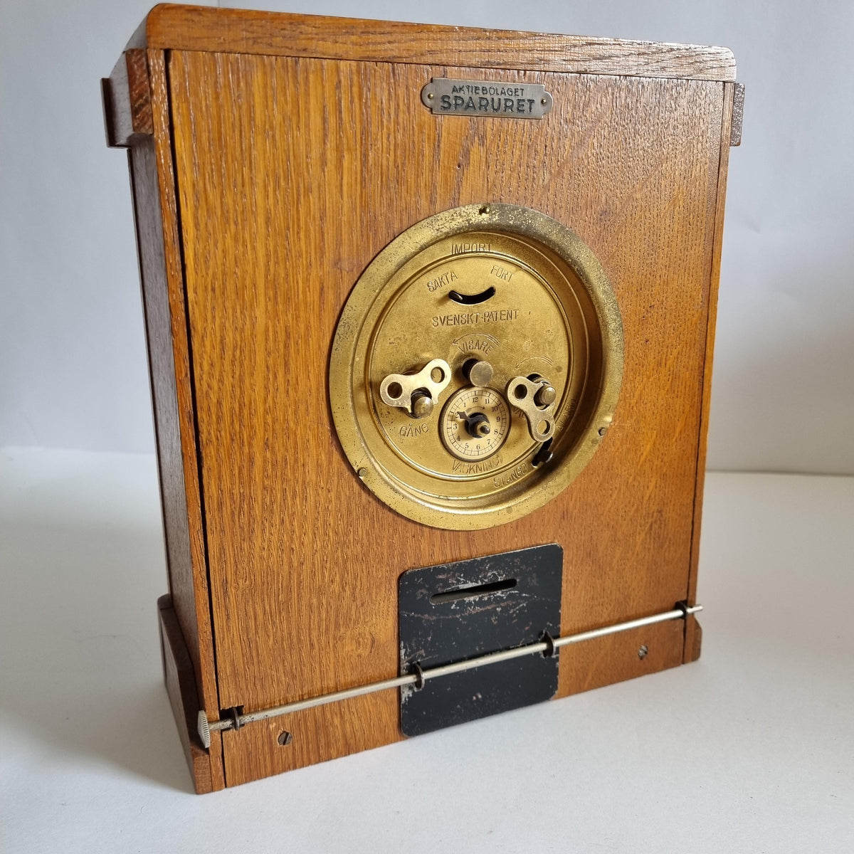 Vintage Oak & Brass Money Box Alarm Clock: 1930s Swedish Bank Collectible (Not W — Swedish wall clock, Scandinavian design (view 3)