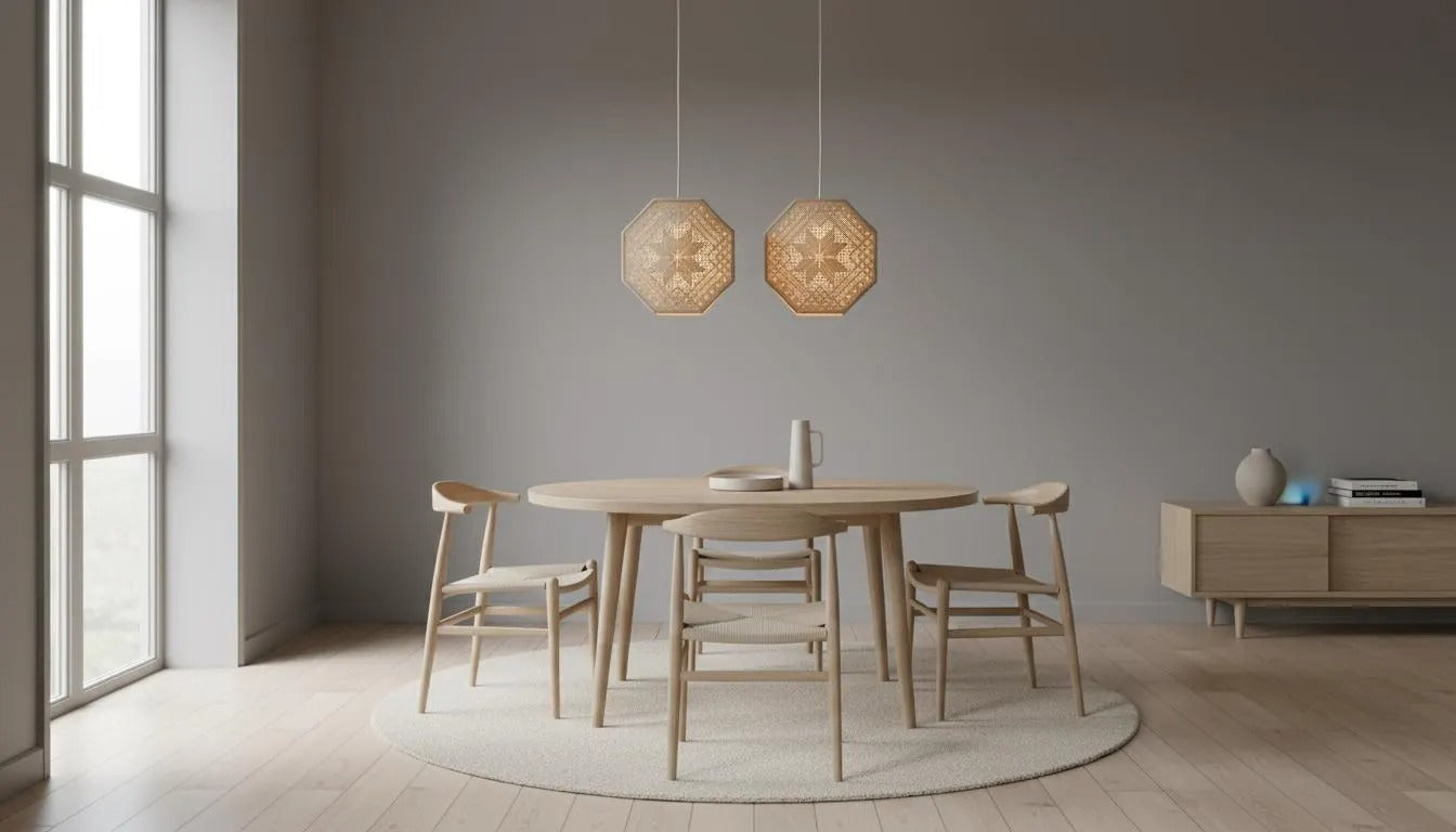 Vintage Swedish Crochet Pendant Lamps – Boho Lace Ceiling Lights, Set of 2, authentic vintage with timeless charm in minimalist dining room.