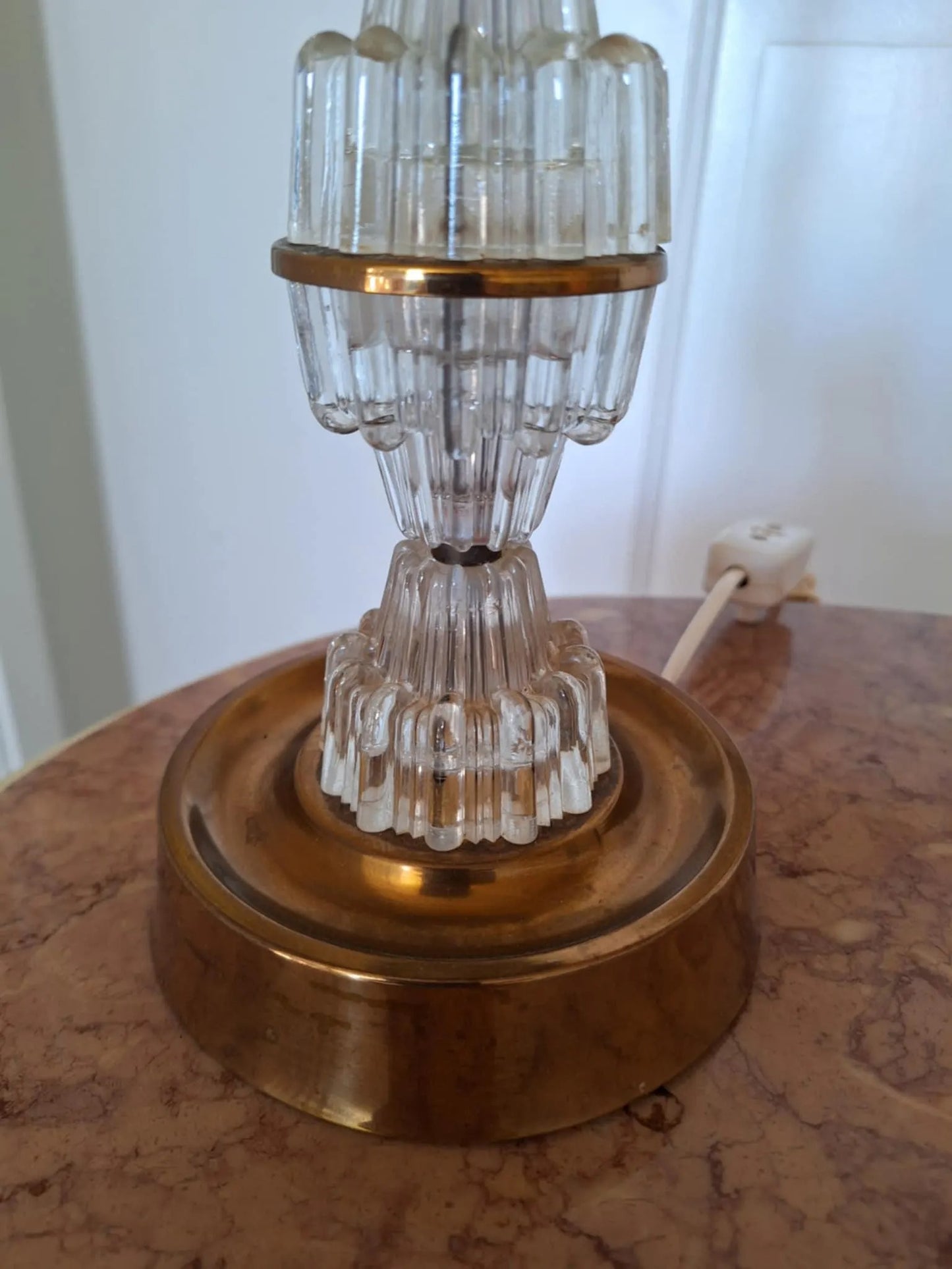 Signed Carl Fagerlund Table Lamp Pair – Orrefors Crystal & Brass, Original Shades, Swedish Mid-Century (1960s) authentic vintage, timeless charm