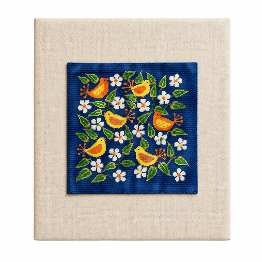 Vintage Scandinavian Needlepoint Bird Wall Art – Swedish Folk Textile, Cobalt Blue, Six Birds