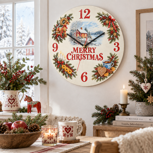 God Jul Scandinavian Christmas wall clock with Dala horse and red cottage – photo 2