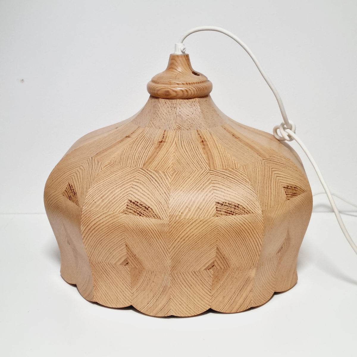 Wooden Pendant Light, Segmented Pine End Grain Mosaic, Scalloped Shade, Mid Century Scandinavian 1970s, Swedish Hanging Lamp