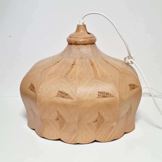 Wooden Pendant Light, Segmented Pine End Grain Mosaic, Scalloped Shade, Mid Century Scandinavian 1970s, Swedish Hanging Lamp