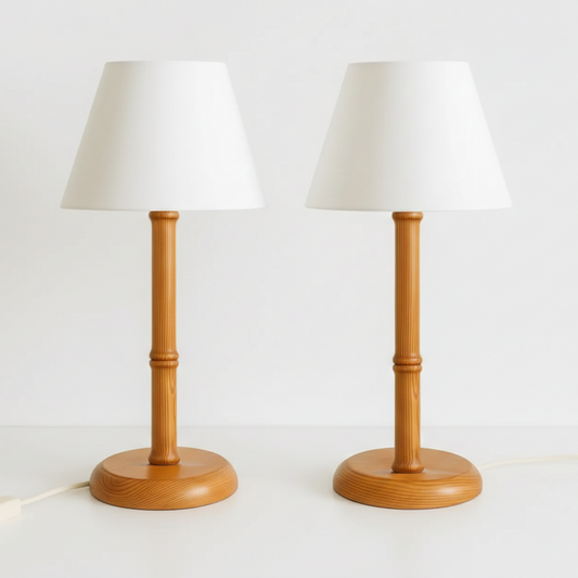 Vintage Mid-Century Modern Pine Table Lamps – Scandinavian Design, Pair showcasing authentic vintage timeless charm and classic style.