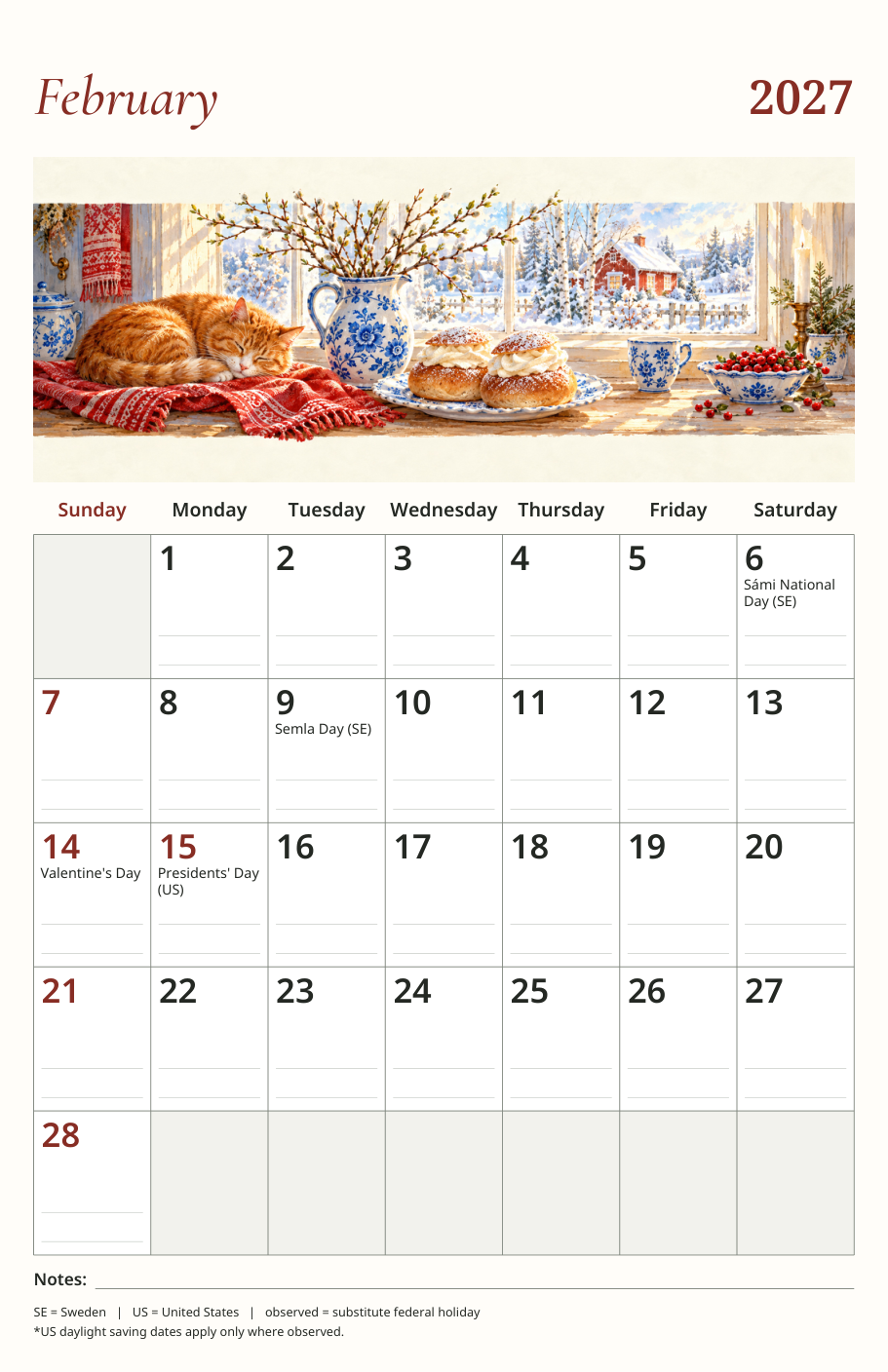 2027 Scandinavian Calendar cover - Tomte with straw goat in winter landscape