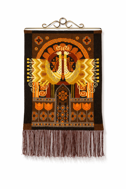 Wool Wall Hanging Folk Art Birds Arch Fringe – Scandinavian 1970s with authentic vintage mid-century charm and timeless style