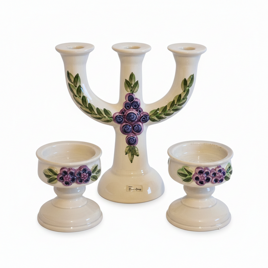 Vintage Rosa Ljung Ceramic Candle Holder Set – Swedish Blueberry Decor with authentic vintage charm, Scandinavian mid-century modern style.
