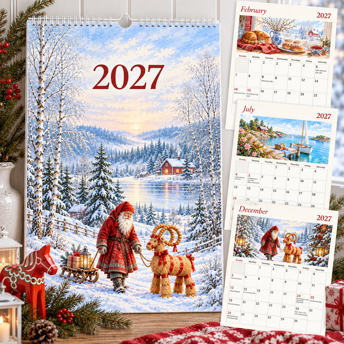 2027 Scandinavian Calendar features: 12 illustrations, Swedish and US holidays