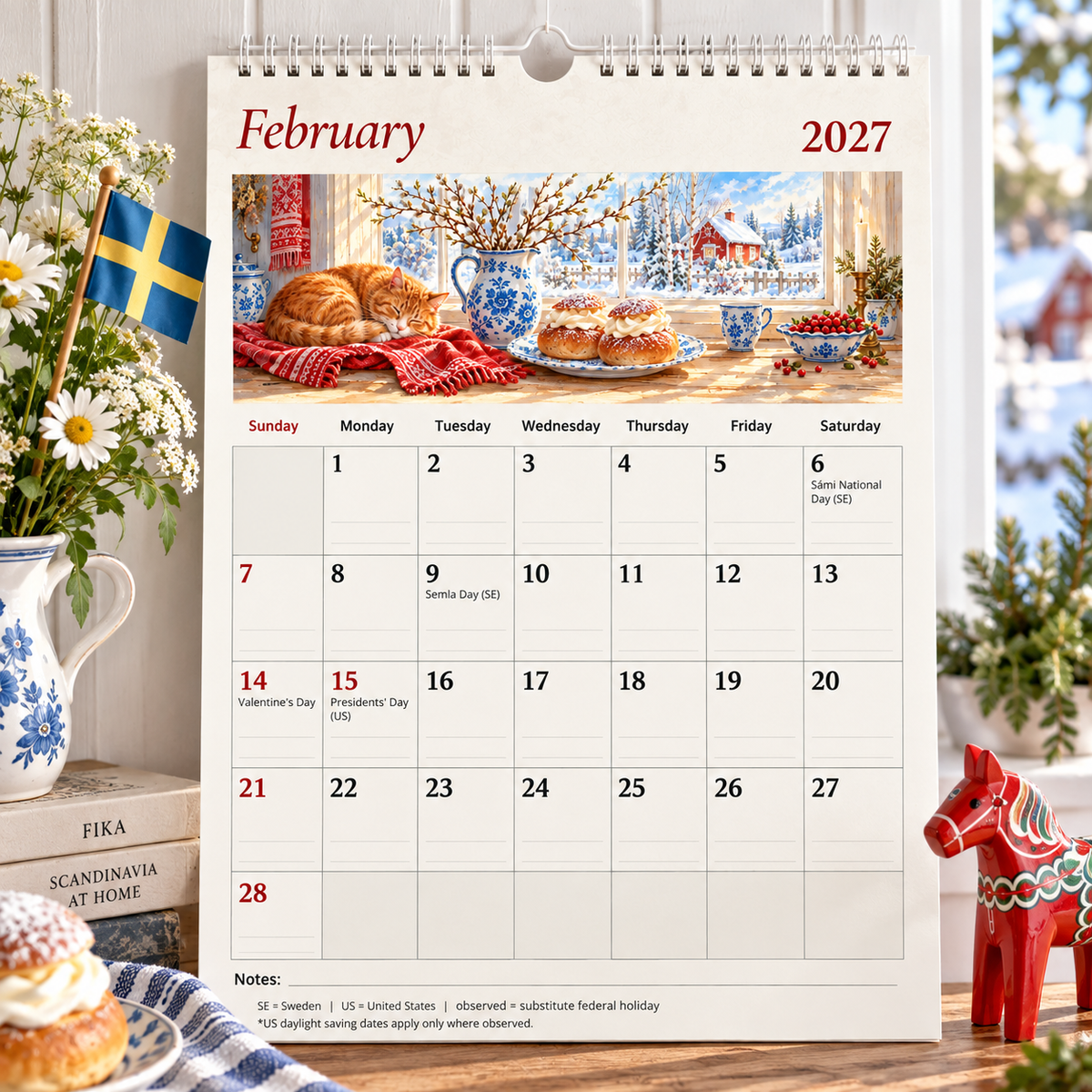 Calendar overview with cover, February and July pages