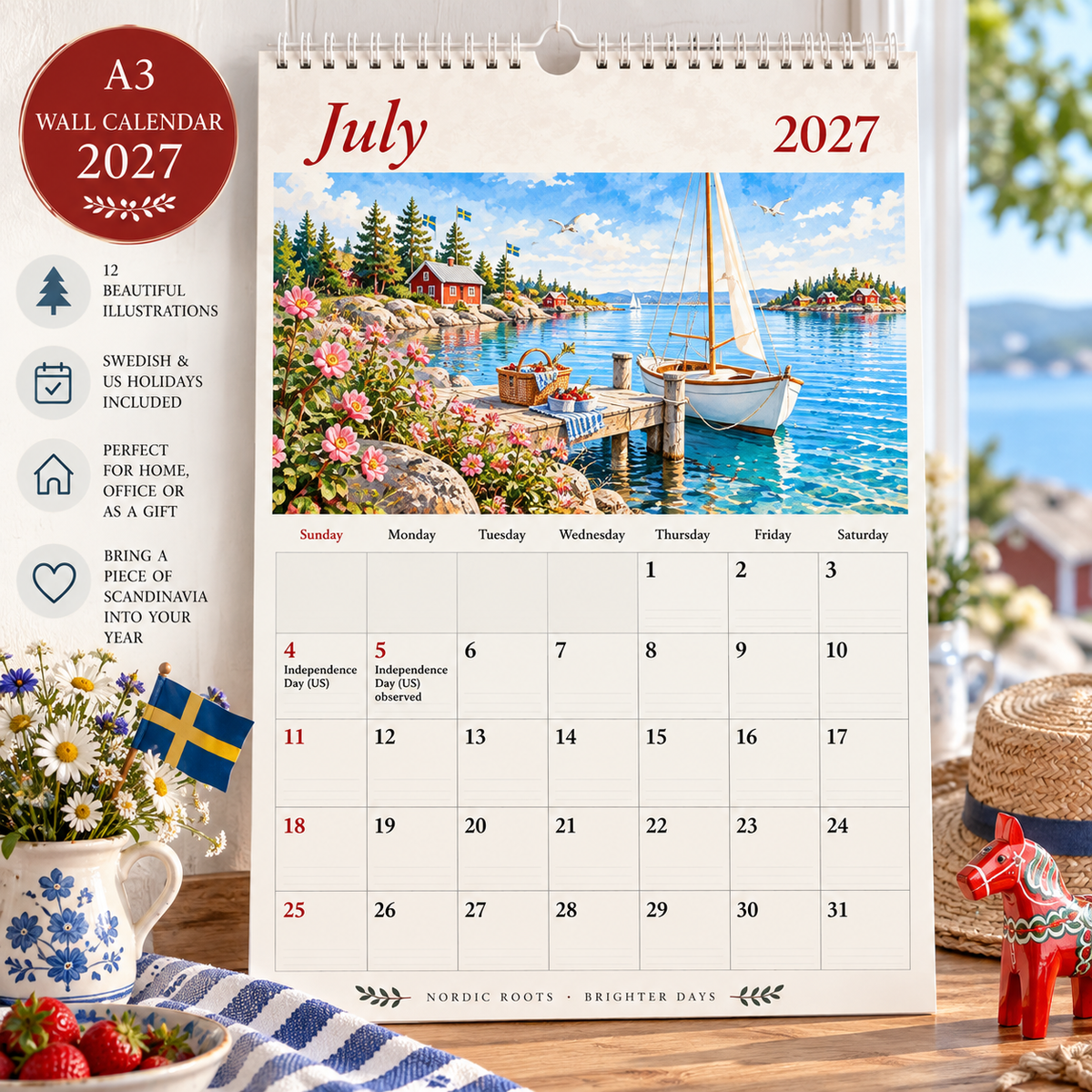 December 2027 calendar page with Tomte illustration
