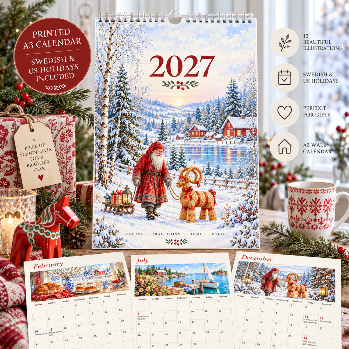 2027 Scandinavian Calendar in Christmas setting with gifts
