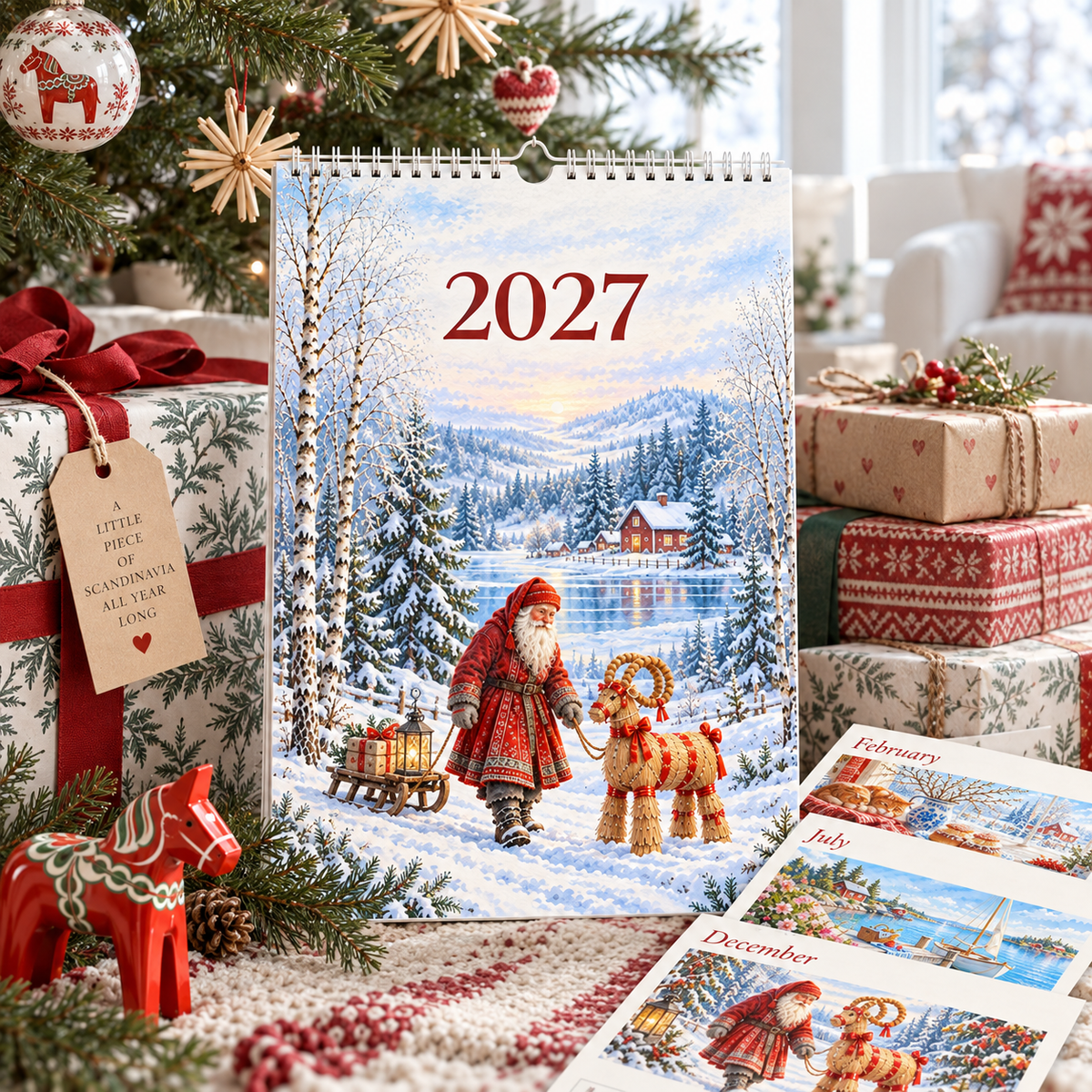 February 2027 calendar page with Swedish fika scene