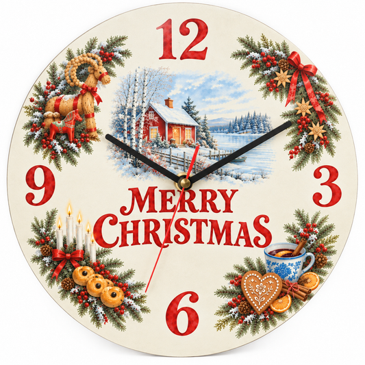 God Jul Scandinavian Christmas wall clock with Dala horse and red cottage