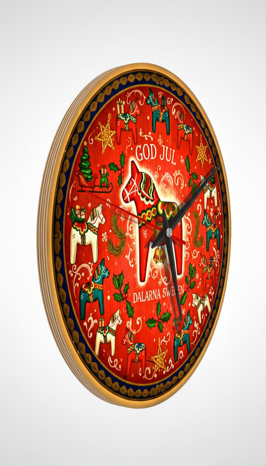 Swedish Christmas Wall Clock – Dala Horse "God Jul" | Scandinavian Holiday Style with vintage charm and folk art motifs.
