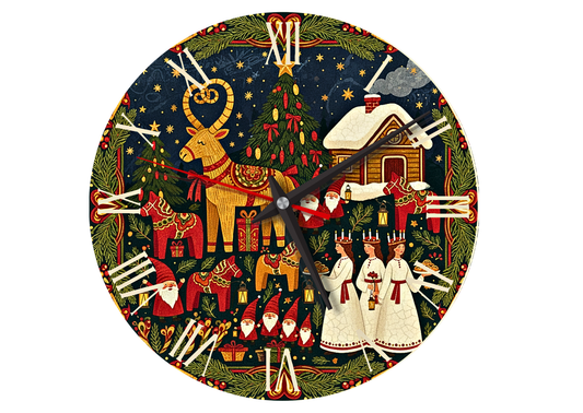 Swedish Christmas Wall Clock – Dala Horse "God Jul" | Scandinavian Holiday Style with vintage Nordic folk art, timeless charm.