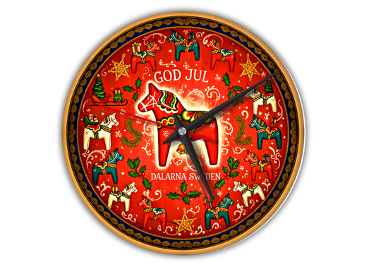 Swedish Christmas Wall Clock – Dala Horse "God Jul" | Scandinavian Holiday Style with vintage Nordic folk art charm, timeless design