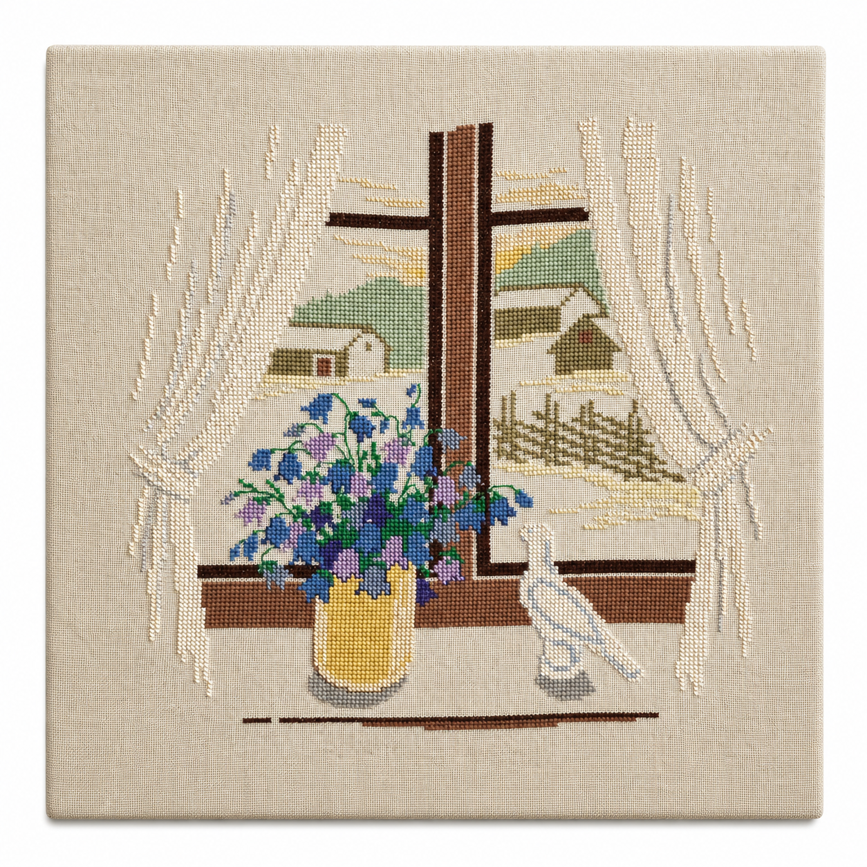 Vintage Swedish needlepoint window scene with bluebells in yellow vase, stretcher frame, 50x50 cm, Sweden