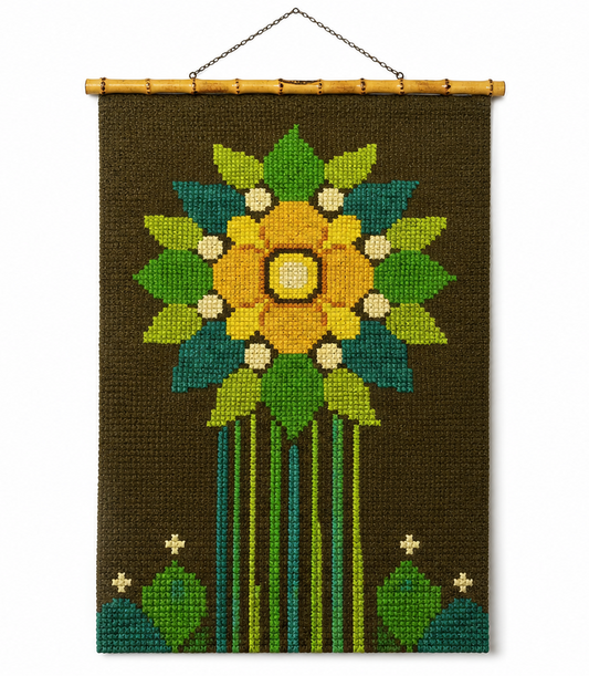 Vintage Scandinavian Needlepoint Floral Wall Art – Swedish Folk Textile – Mid Century Embroidery – Cottagecore Wall Decor